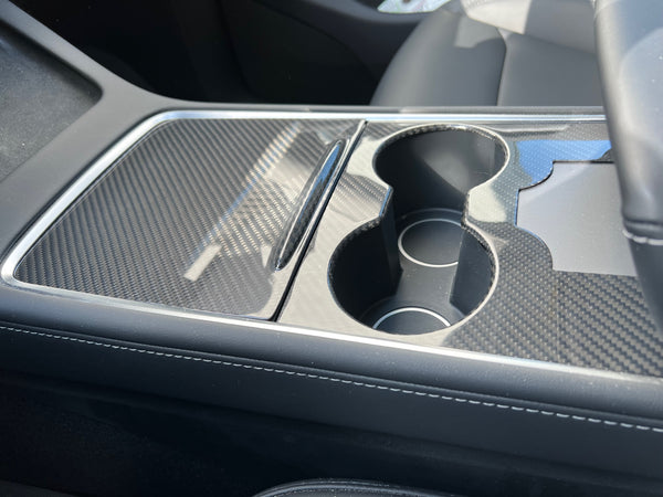 Tesla Model 3 e Y: cubierta de la consola central de carbono auténtico con ranura para tarjeta de acceso en alto brillo