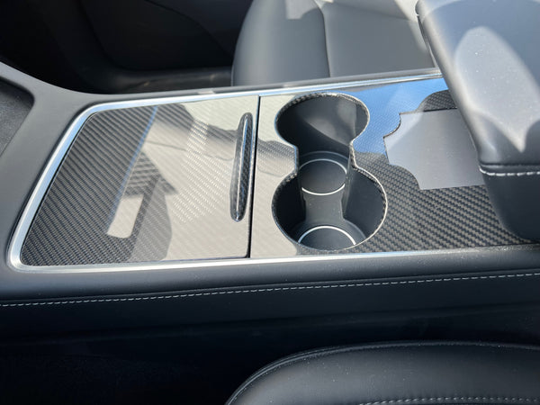 Tesla Model 3 e Y: cubierta de la consola central de carbono auténtico con ranura para tarjeta de acceso en alto brillo