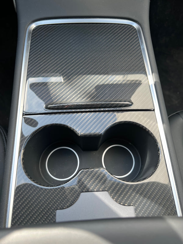 Tesla Model 3 e Y: cubierta de la consola central de carbono auténtico con ranura para tarjeta de acceso en alto brillo