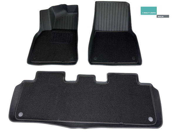 Tesla Model Y Luxus-Fußmatten-Set, 6-teilig - Gummimatte mit Velours-Auflage, E-Mobility Shop
